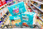 walgreens shopping cart with pampers diaper packs