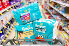 walgreens shopping cart with pampers diaper packs