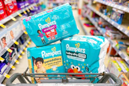 walgreens shopping cart with pampers diaper packs