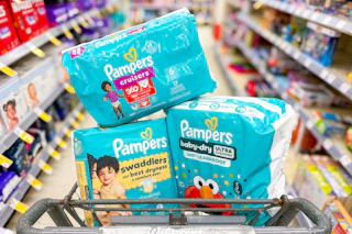 walgreens shopping cart with pampers diaper packs