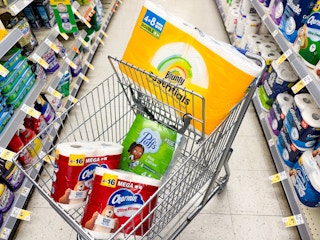 charmin, puffs, and bounty in a cart