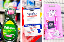 collage image of palmolive dish soap, aquaphor ointment, and walgreens razors