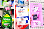 collage image of palmolive dish soap, aquaphor ointment, and walgreens razors