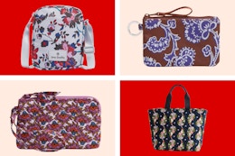 Vera Bradley bags on a read and cream collage background. 