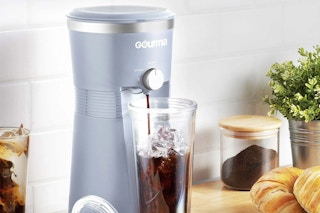 light blue iced coffee machine with tumbler