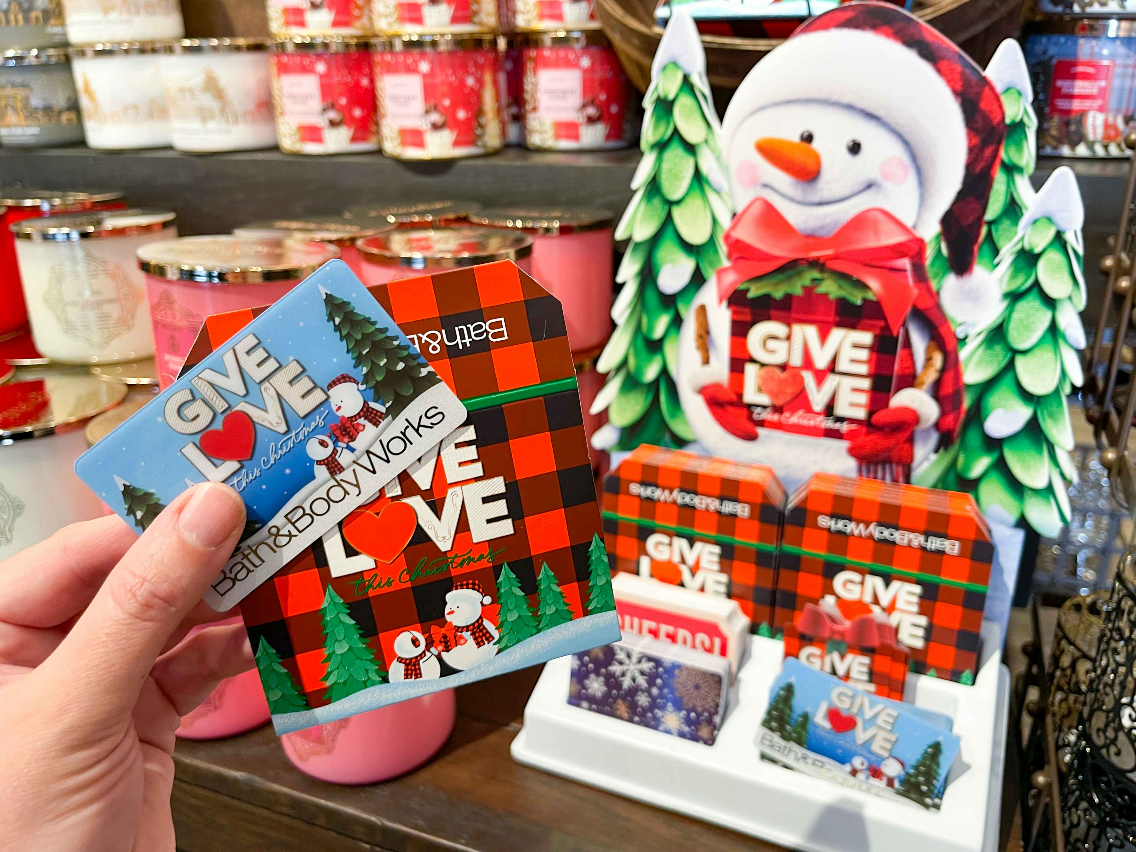 A display of gift cards and Bath and Body Works.