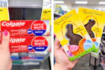 collage image of colgate toothpaste and russell stover chocolate bunnies