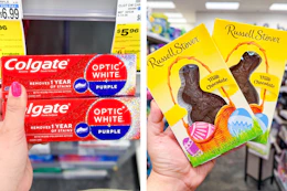 collage image of colgate toothpaste and russell stover chocolate bunnies