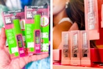 collage image of maybelline mascara and lifter glaze balm