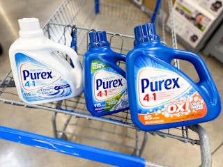 one white Purex bottle and two blue Purex bottles
