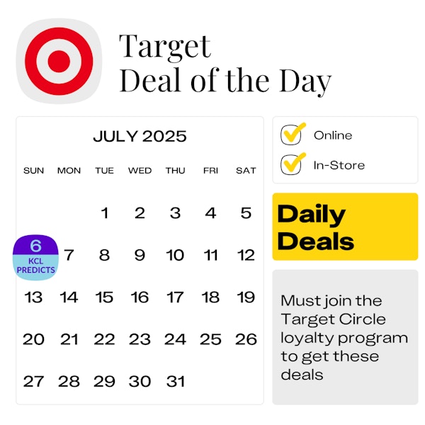 Calendar graphic showing the next Target Deal of the Day event is predicted to start on Sunday, July 6, 2025.