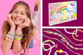Hello Kitty Advent Calendar: a child wearing bracelets from the calendar, the advent calendar in box and a close up of the jewelry inside