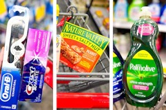 collage image of palmolive dish soap, nature valley granola bars, and crest and oral-b oral care products