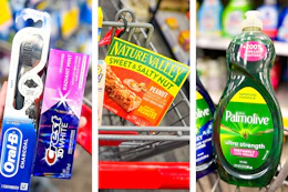 collage image of palmolive dish soap, nature valley granola bars, and crest and oral-b oral care products