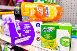 swiffer duster, dry cloth, and power mop refills on a shelf