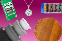 Date Night Scratch Off, mixing bowls, necklack, heart charcuterie board, and Hot Wheels cars