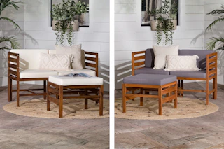 2 lifestyle images of Walker Edison Patio Furniture in two different wood finishes