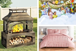 3 lifestyle images: fire pit, Little Tikes foam machine & bedding set