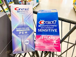 crest whitestrips and whitening pen in a walgreens cart