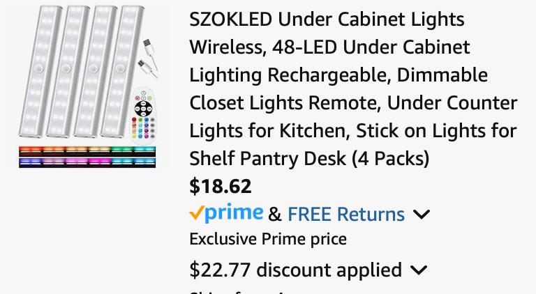 SZOKLED Under Cabinet Lights Wireless, 48-LED Under Cabinet Lighting Rechargeable, Dimmable Closet Lights Remote