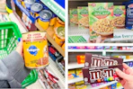 dollar tree pedigree, m&m's, suddenly salad 3-photo collage