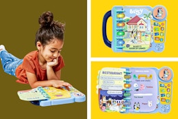 3 images of the VTech Bluey Bluey's Book of Games