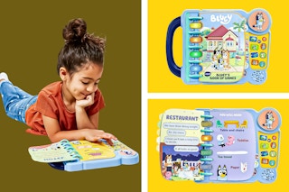3 images of the VTech Bluey Bluey's Book of Games