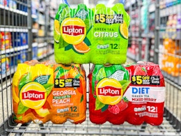 three packs of Lipton iced tea in a shopping cart