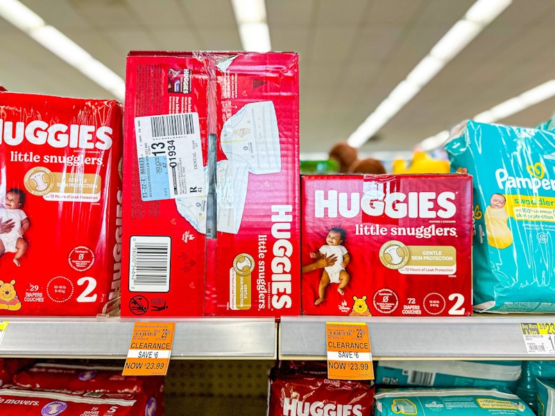 boxes of huggies diapers with clearance tags