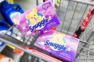 2 boxes of snuggle dryer sheets in a cart