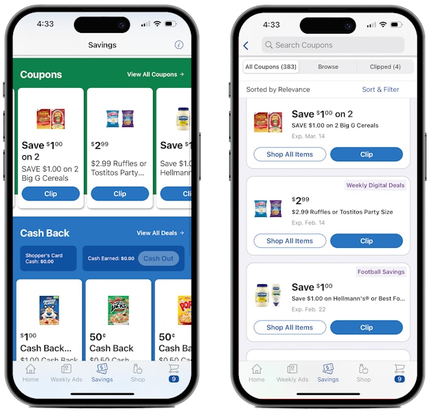 Two phones showing coupons on the Kroger app