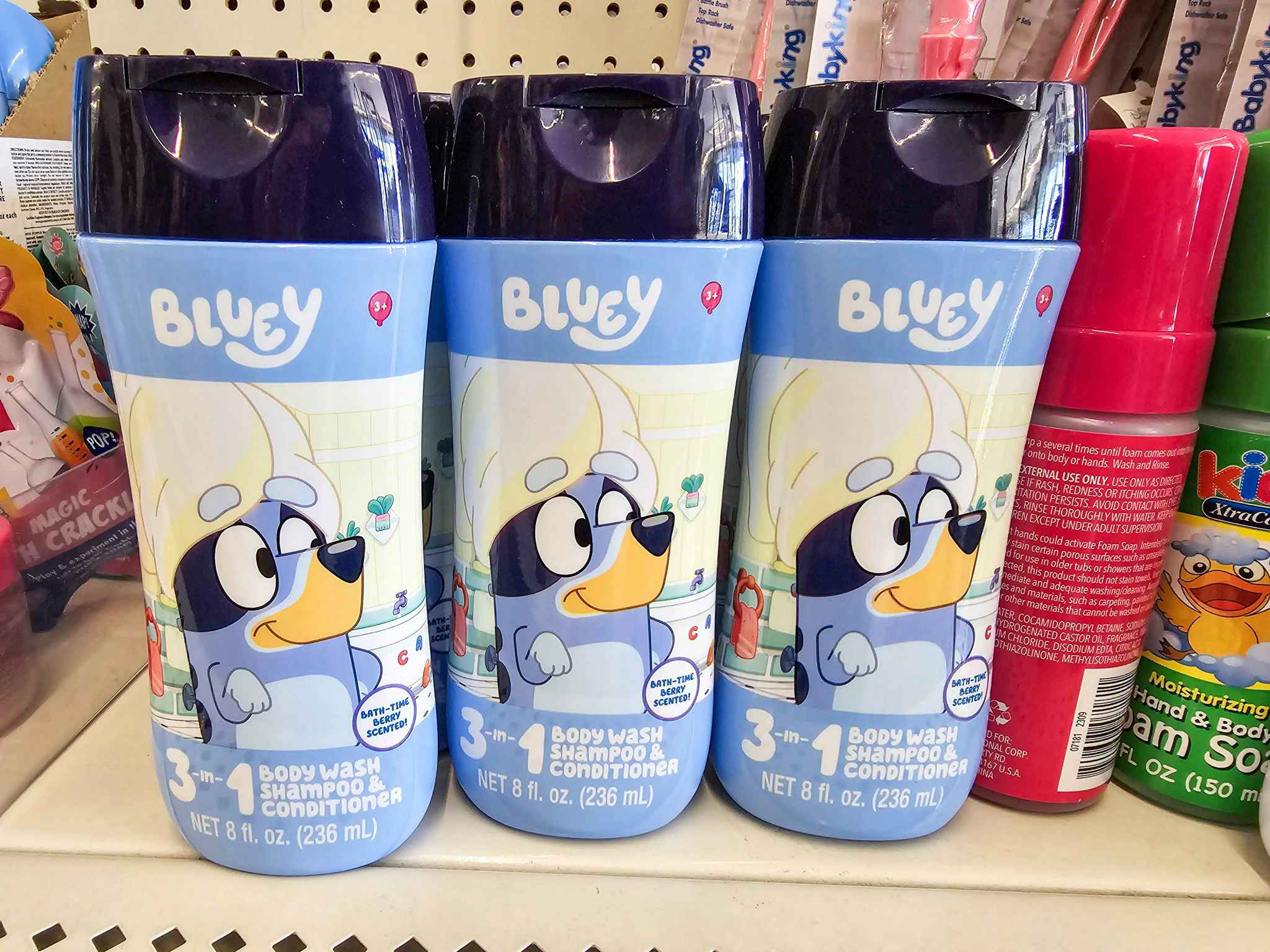 bottles of bluey body wash on a shelf