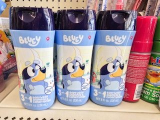 bottles of bluey body wash on a shelf