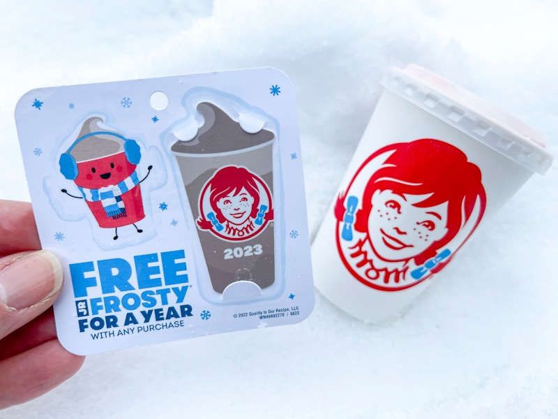 Frosty key tag next to a jr frosty sitting in snow