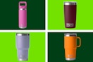 Yeti tumblers and bottles on a light and dark green collage background. 