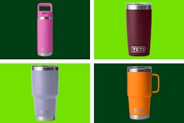 Yeti tumblers and bottles on a light and dark green collage background. 