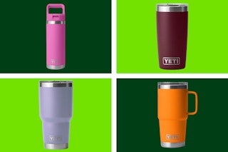 Yeti tumblers and bottles on a light and dark green collage background. 