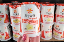 hand holding a yoplait yogurt cup