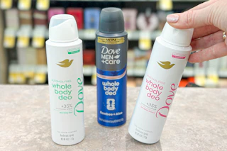 dove men+care and dove dry spray on a store counter