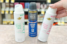 dove men+care and dove dry spray on a store counter