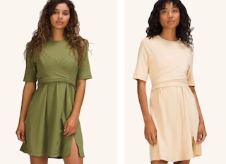 two women wearing a lululemon wrap dress