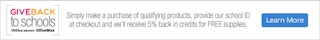 A screenshot from Office Depot's website about their Give Back to schools program that reads, "Simply make a purchase of qualifying produ...