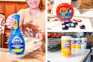 amazon prime day deals on essentials in three photos showing dawn tide and lysol