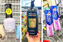 collage image of sally hansen nail polish, tresemme shampoo, and crest toothpaste