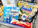 Lemi Shine & Finish Dish Detergent, Temptations Cat Treats, Energizer Batteries, & Turtles chocolate in Walmart shopping cart