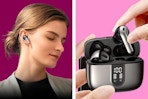 2 lifestyles images of Veatool Bluetooth Headphones: Woman wearing one and the set being held with an earbud being pulled out