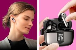 2 lifestyles images of Veatool Bluetooth Headphones: Woman wearing one and the set being held with an earbud being pulled out