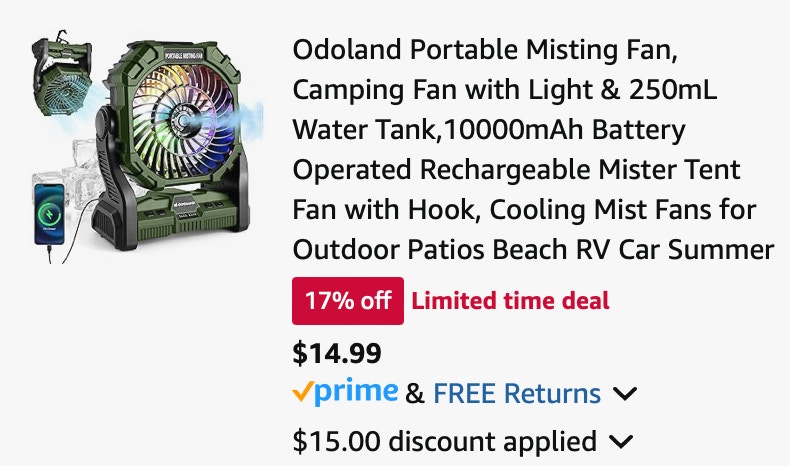 Odoland Portable Misting Fan, Camping Fan with Light 