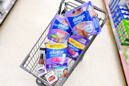 shopping cart with always discreet and olay skincare products