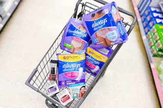 shopping cart with always discreet and olay skincare products